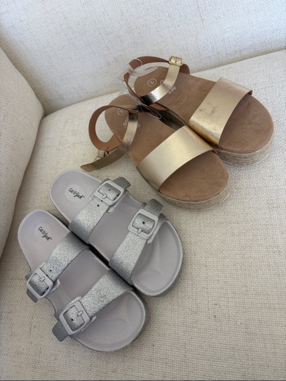 Art class Gold Platform Sandals and Cat & Jack Silver Glitter Slide Sandals